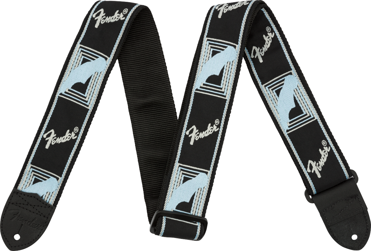 Fender Monogrammed Strap, Black/Light Grey/Blue, 2"