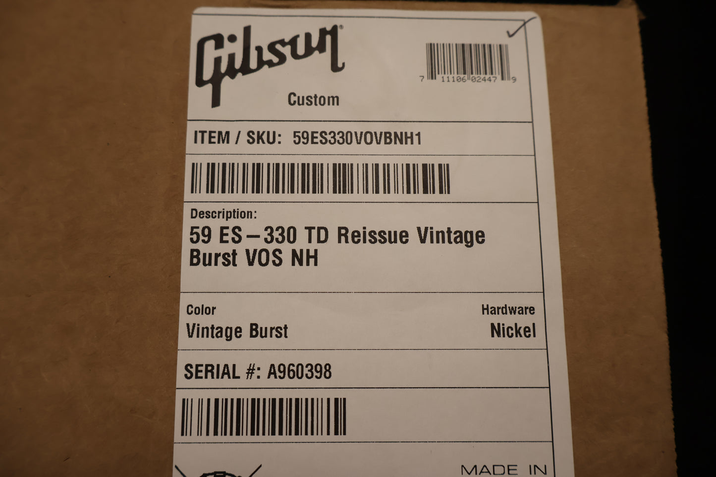 Gibson 59 ES-330 TD Reissue Vintage Burst VOS
