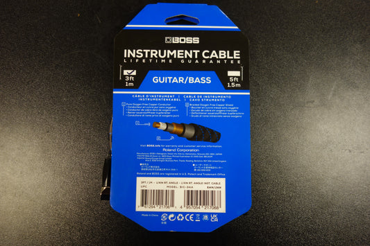 Boss BIC-3AA 3FT 1m Instrument Cable, Angle/Angle 1/4 Jack