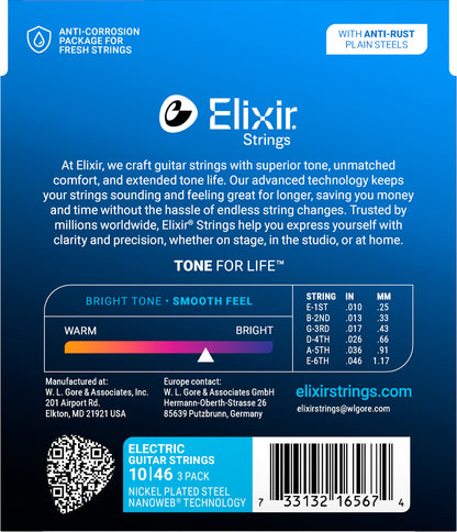 Elixir 3 Pack 16567 10-46 Light Nickel Plated
