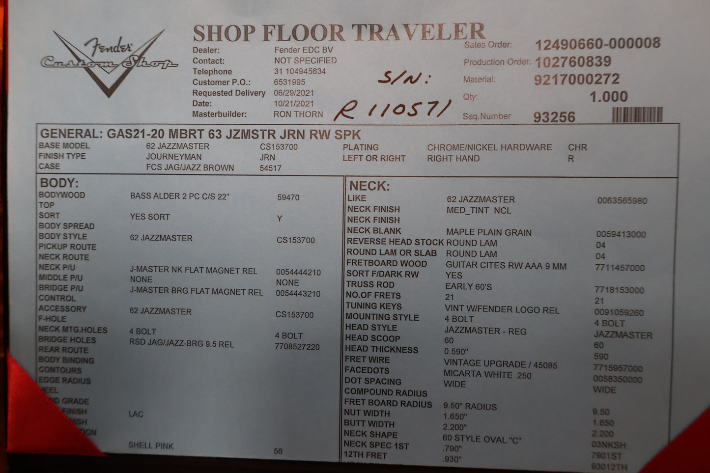 Fender Jazzmaster 63 Journeyman Shell Pink Ron Thorn 2021