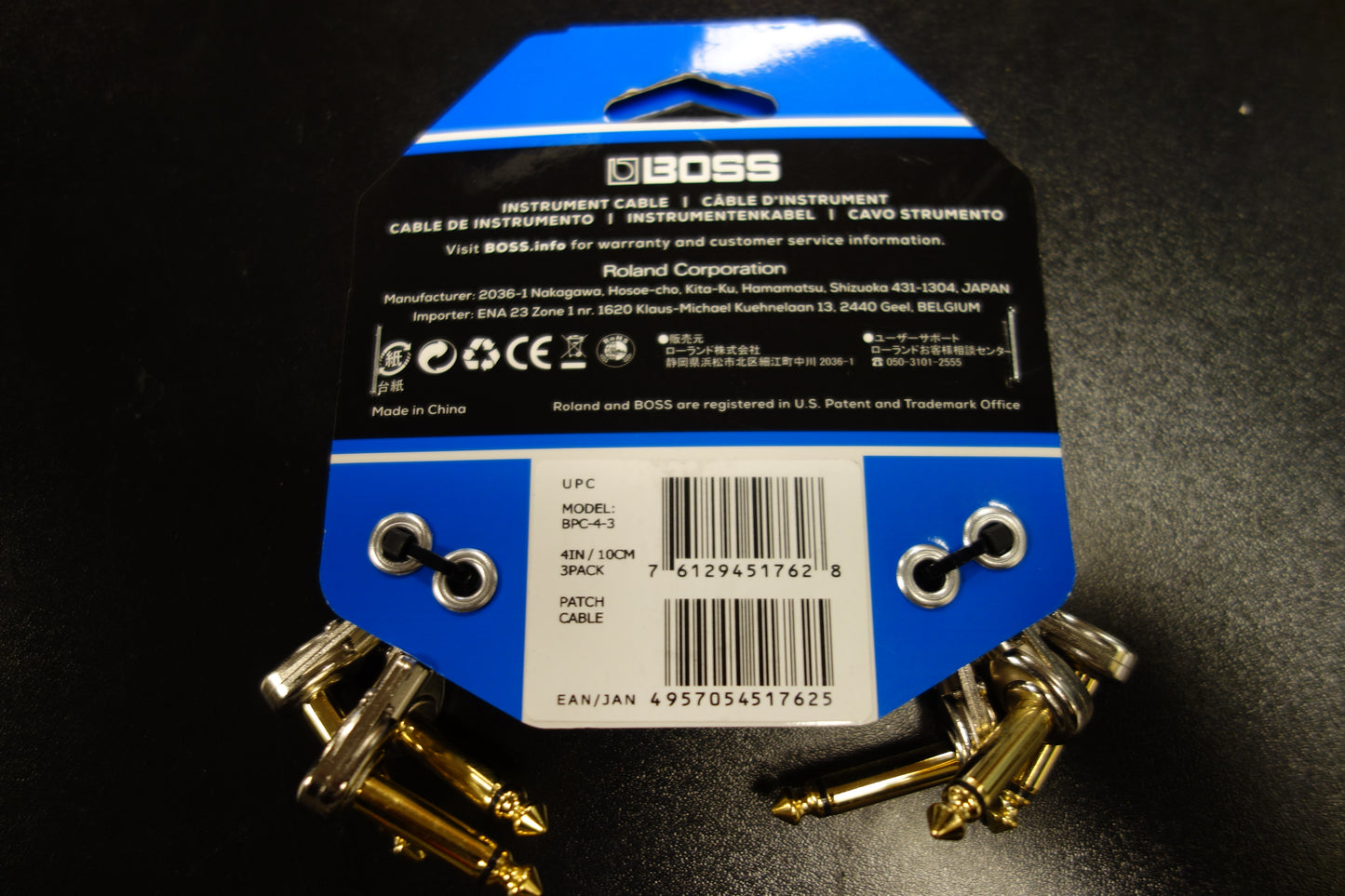 Boss BPC-4-3 Patch Cable Flat 3 pack Angle/Angle Jack 10cm