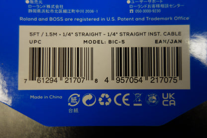 Boss BIC-5 5FT / 1,5 m Instrument Cable, Straight/Straight 1/4 Jack